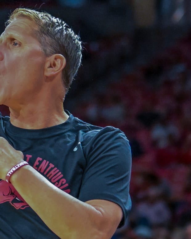 Razorbacks coach Eric Musselman on the sidelines against UT-Tyler